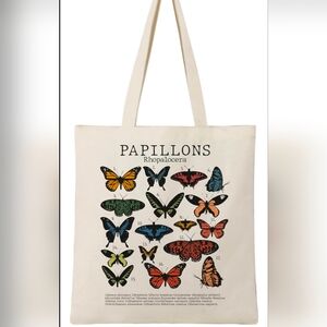 Butterfly Papillon Cotton Canvas Tote Bag with 2 Inner Pockets Reusable Washable